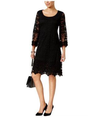 Alfani M Black Women's Knee Length Dress Crew Neck 3/4 Sleeve Crochet Floral